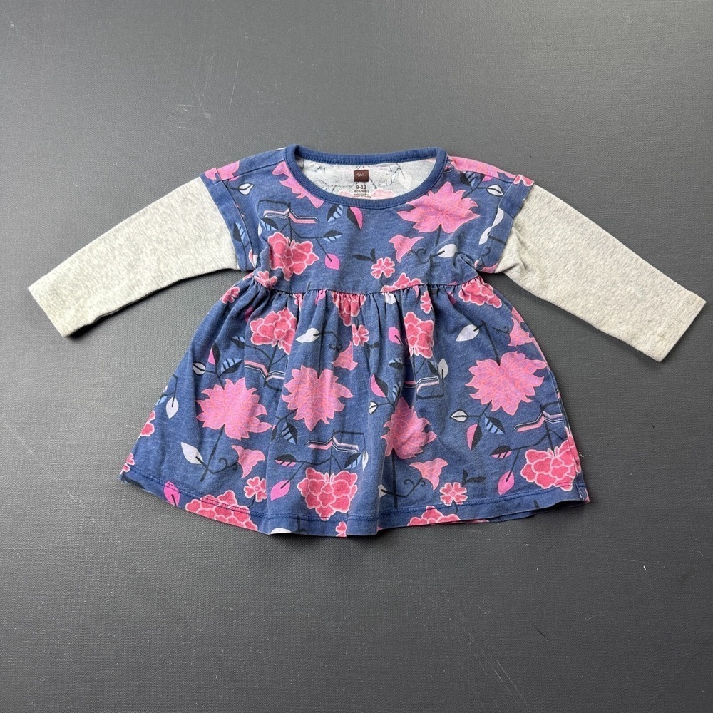 Tea Collection Baby Girls 9-12M Blue Floral Long Sleeve Cotton Tunic Dress Style